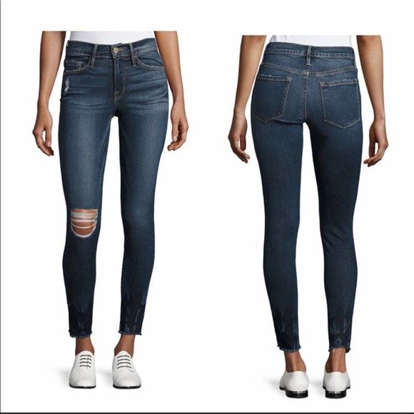 Frame Denim Le Skinny de Jeanne Crop Raw-Edge Jean Busted Knee Faded Thorpe 28 - Picture 2 of 13